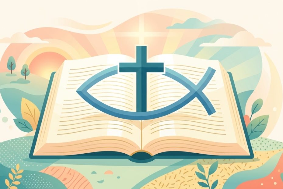 Simbolo degli apostoli (Credo) - un libro aperto con un grande pesce (Ichtus) e una croce
